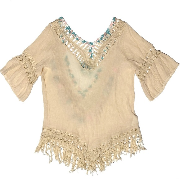 NEW! Cupshe Crochet Rainbow Pom Pom Beige Boho Beach Cover Up Medium - Picture 4 of 10